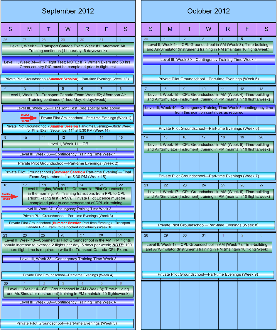 Langley Flying School Training Calender for September and October, 2012